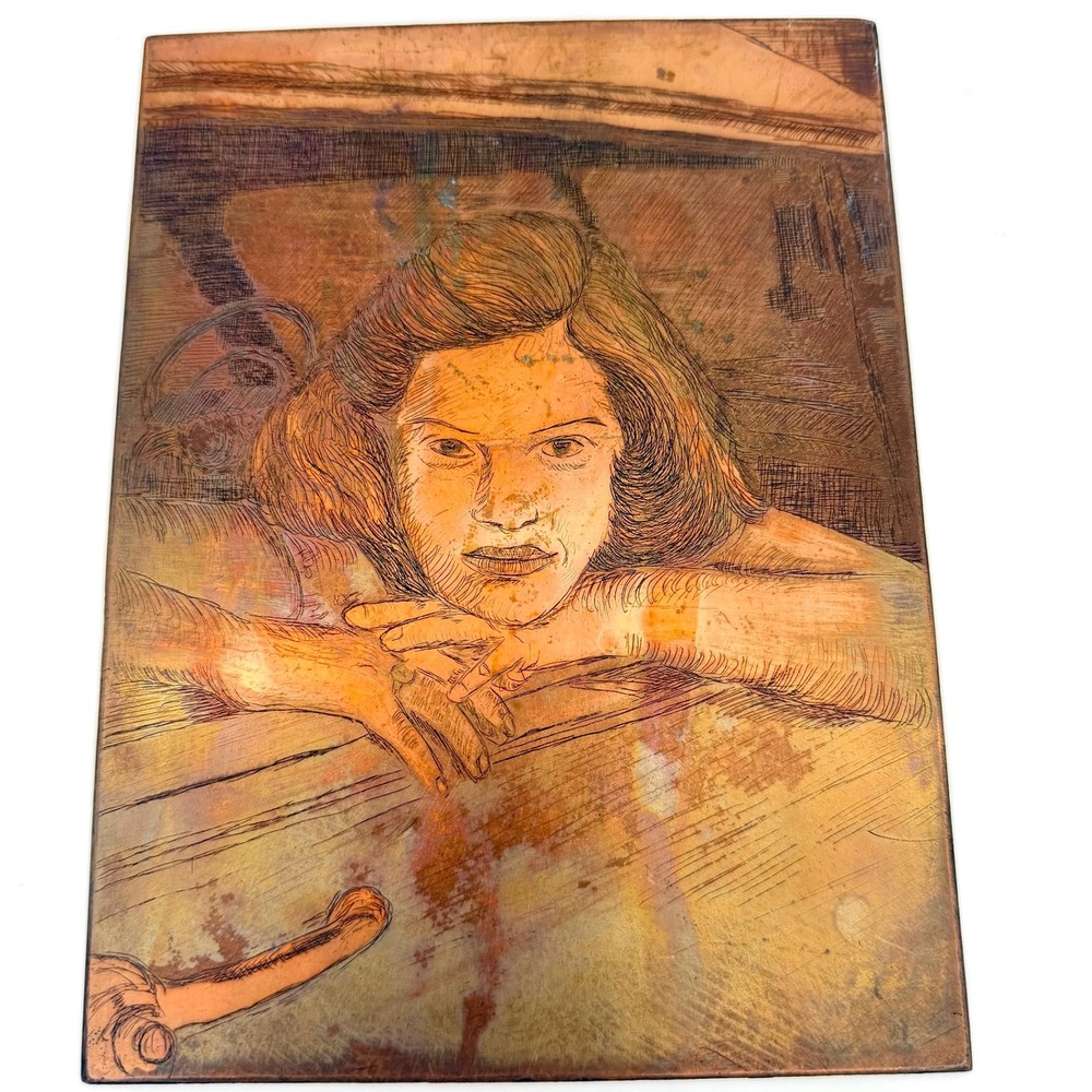 Vintage Copper Intaglio Printing Plate Woman Car Portrait Etching Art 6x8